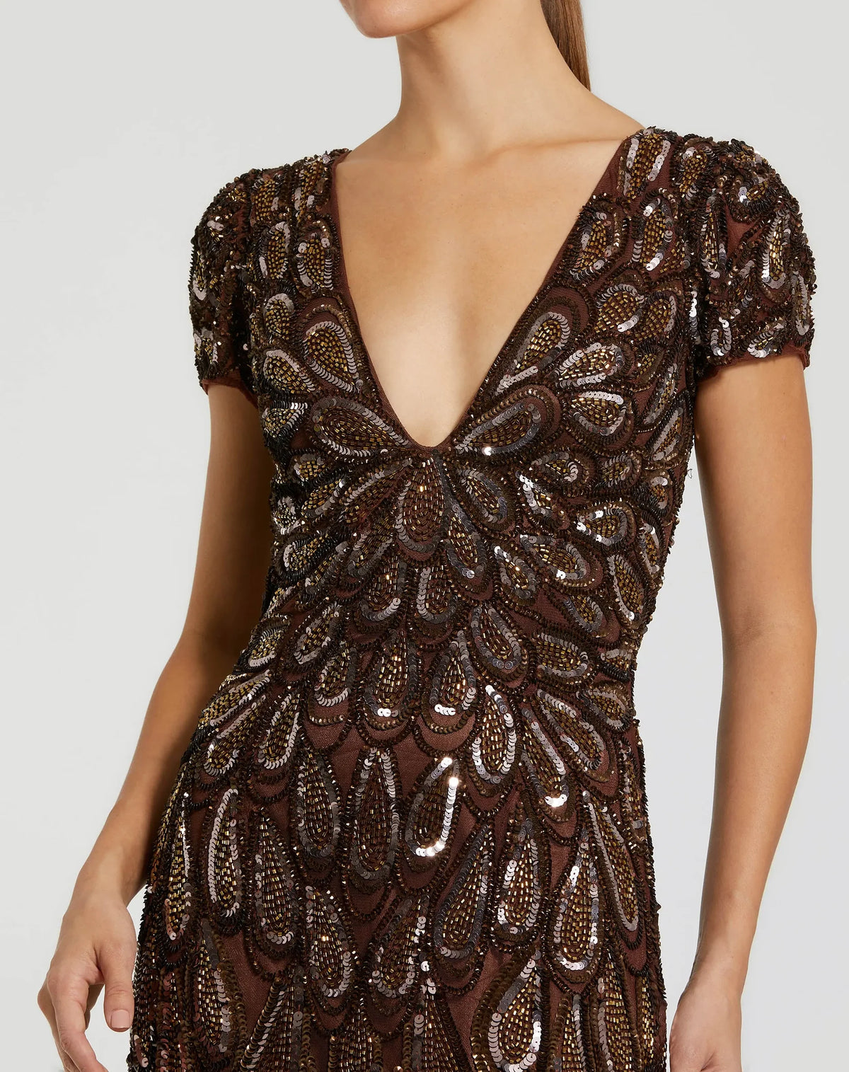 Beaded Embellished V Neck Cap Sleeve Column Gown - Brown