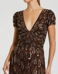 Beaded Embellished V Neck Cap Sleeve Column Gown - Brown