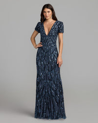 Mac Duggal #5243 denim embellished deep v column gown