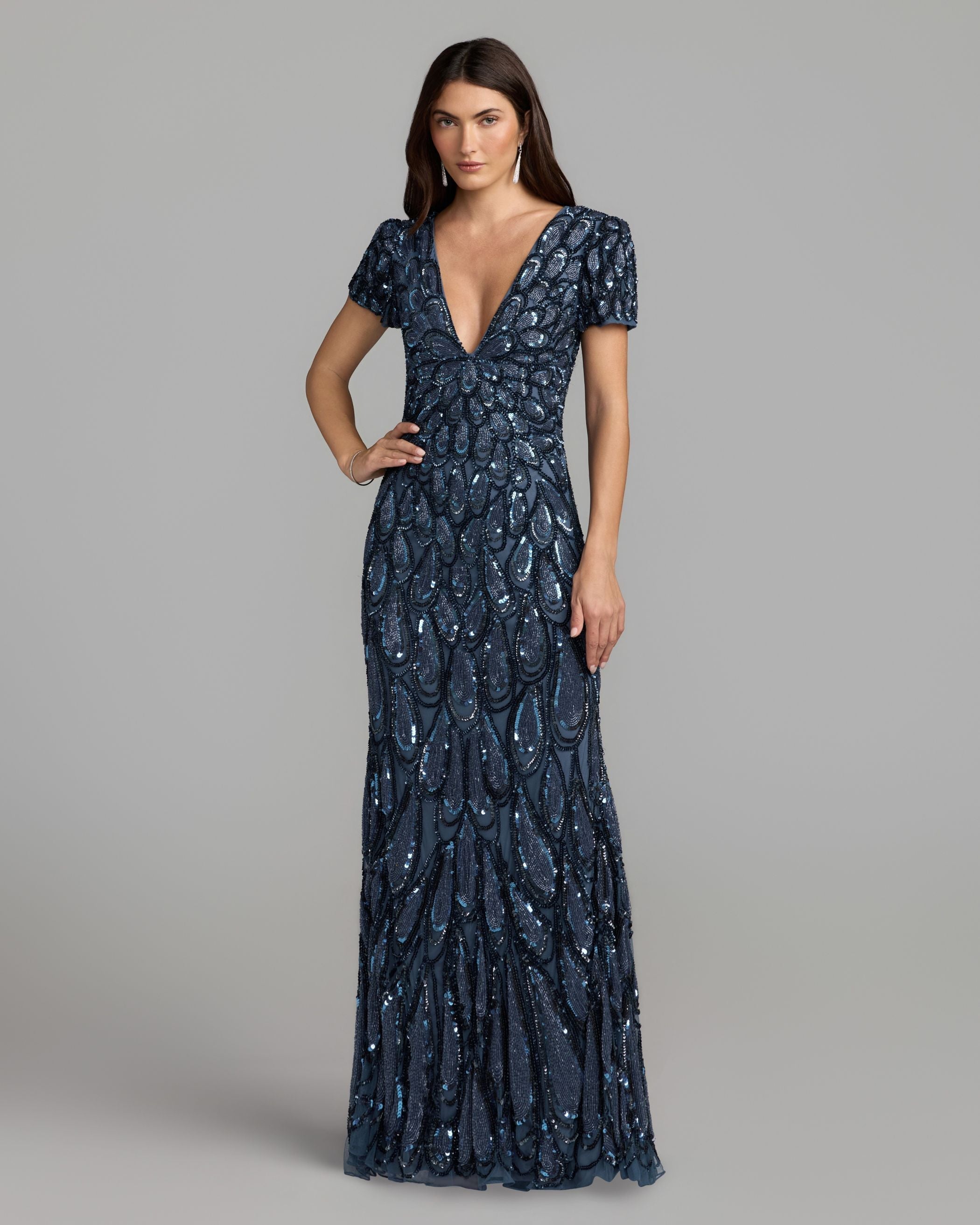 Mac Duggal #5243 denim embellished deep v column gown