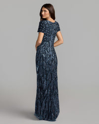 Mac Duggal #5243 denim embellished deep v column gown