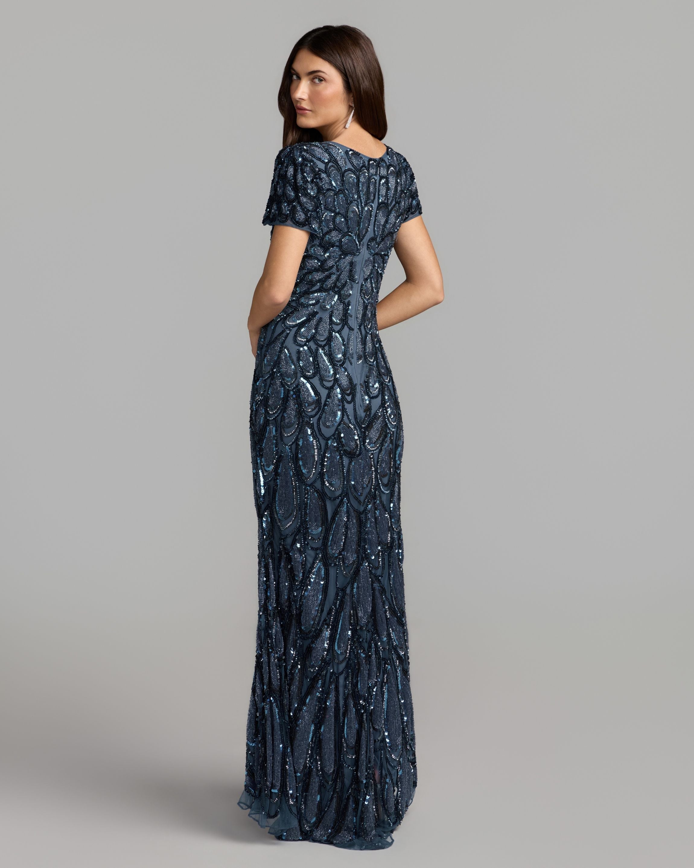 Mac Duggal #5243 denim embellished deep v column gown