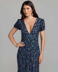 Mac Duggal #5243 denim embellished deep v column gown