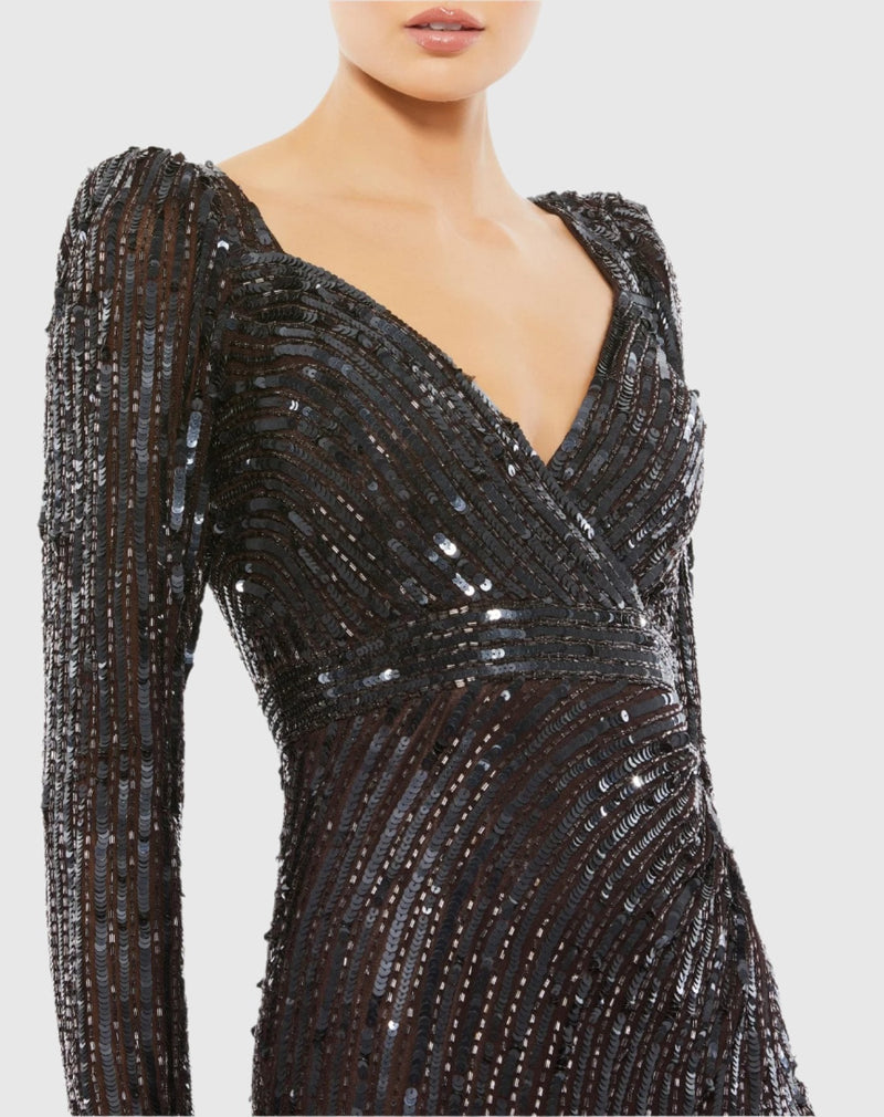 Sequined Sweetheart Long Sleeve Gown - Magenta