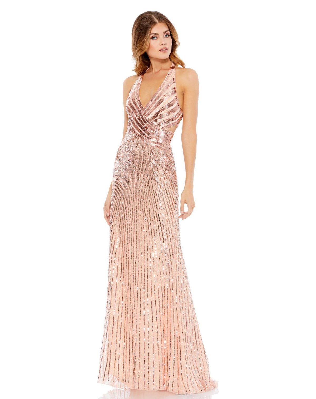 Mac Duggal, Sleeveless plunge V neck cut out evening dress - Rose Gold, Style #5390