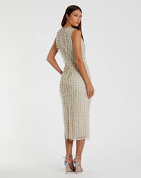Beige Sleeveless High Neck Beaded Midi Sheath Dress - Back