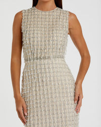 Beige Sleeveless High Neck Beaded Midi Sheath Dress - Close Up