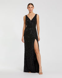 Mac Duggal #5473 V Neck Beaded Column Gown