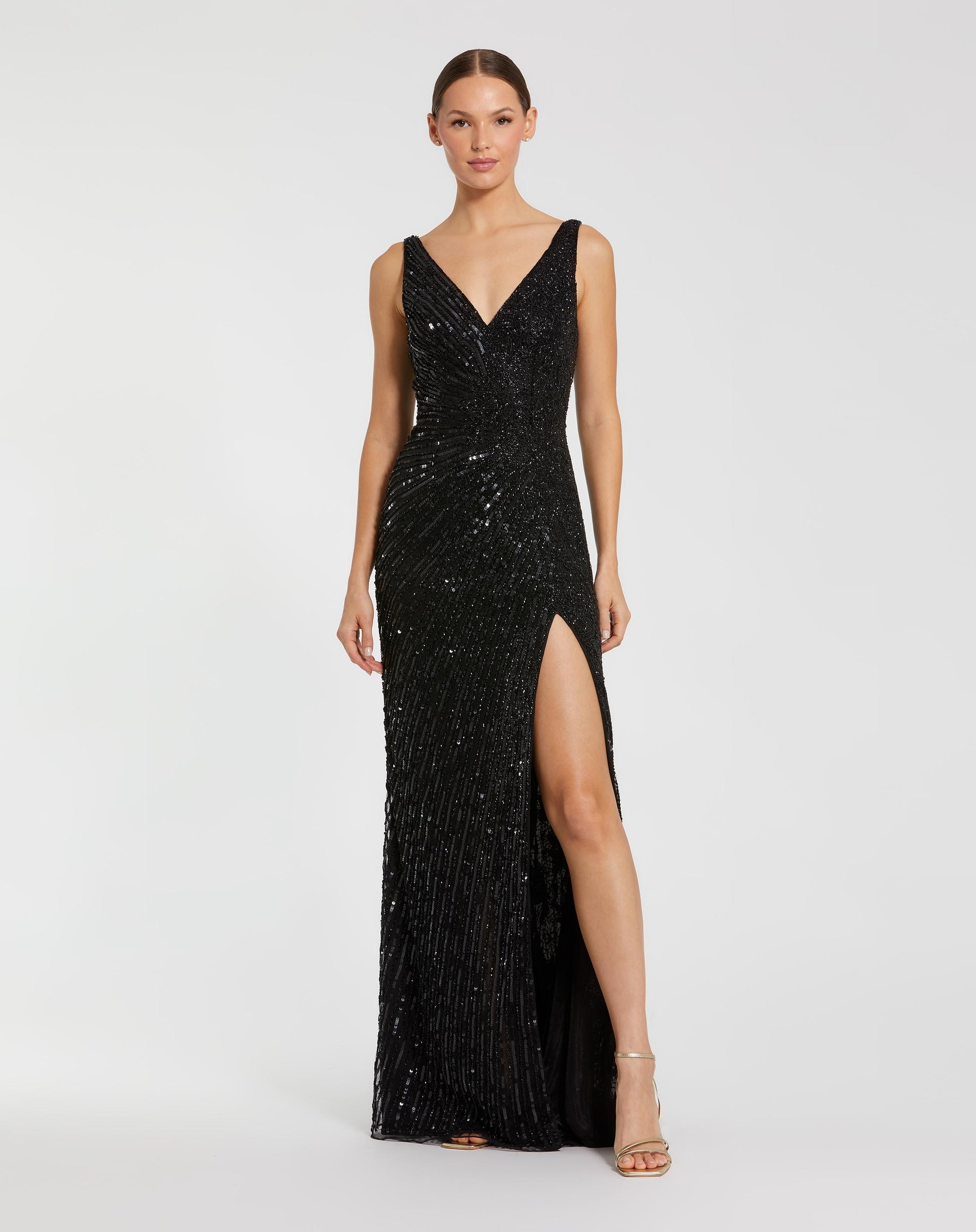 Mac Duggal #5473 V Neck Beaded Column Gown