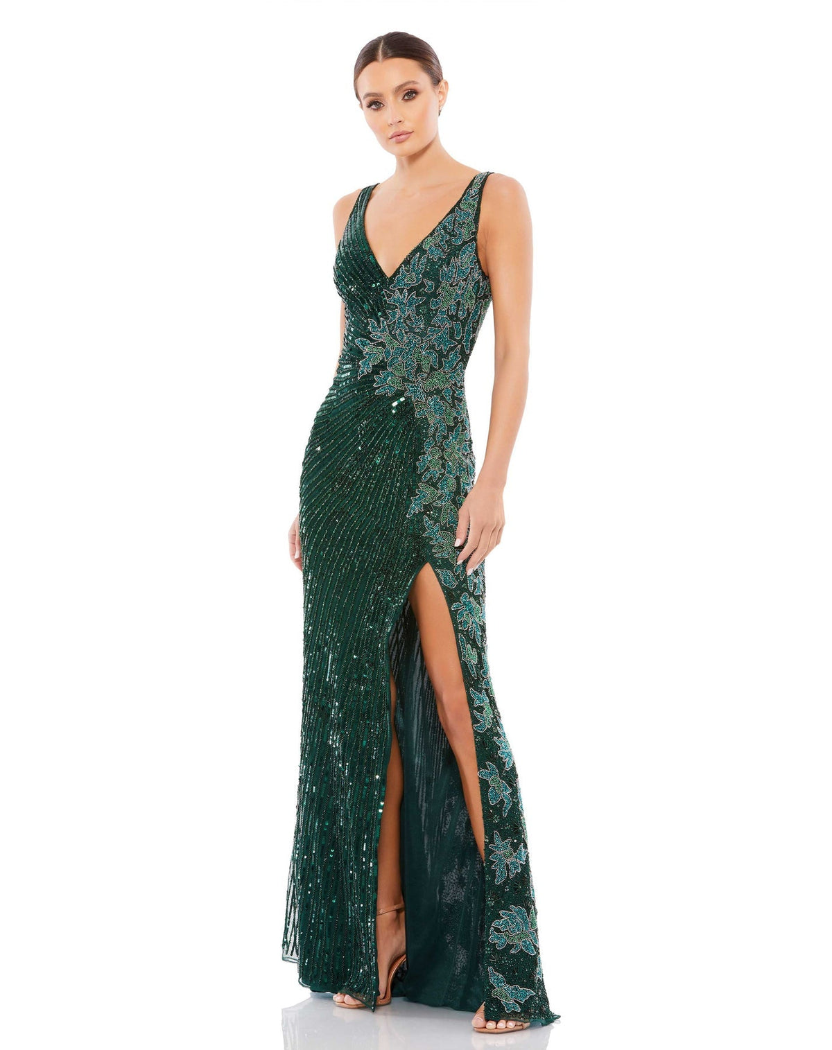 Beaded sequin floral evening sleeveless gown - Green