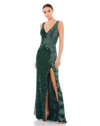 Beaded sequin floral evening sleeveless gown - Gold