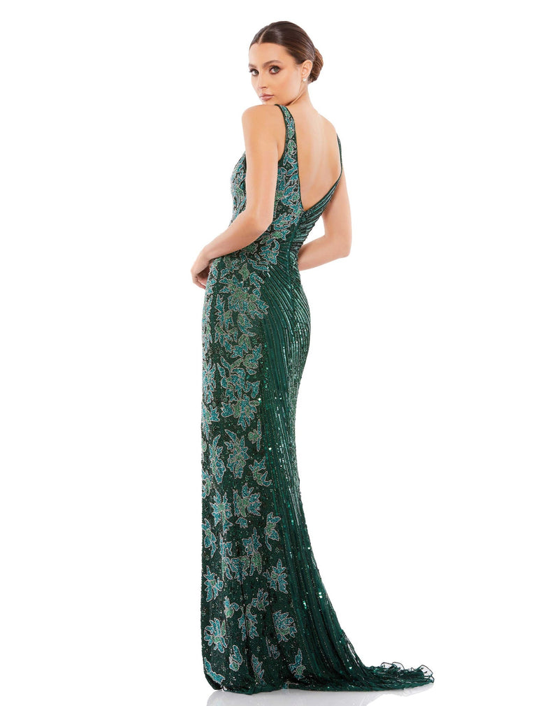 Beaded sequin floral evening sleeveless gown - Gold