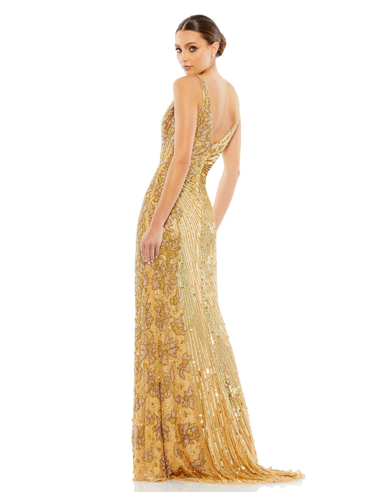 Beaded sequin floral evening sleeveless gown - Gold