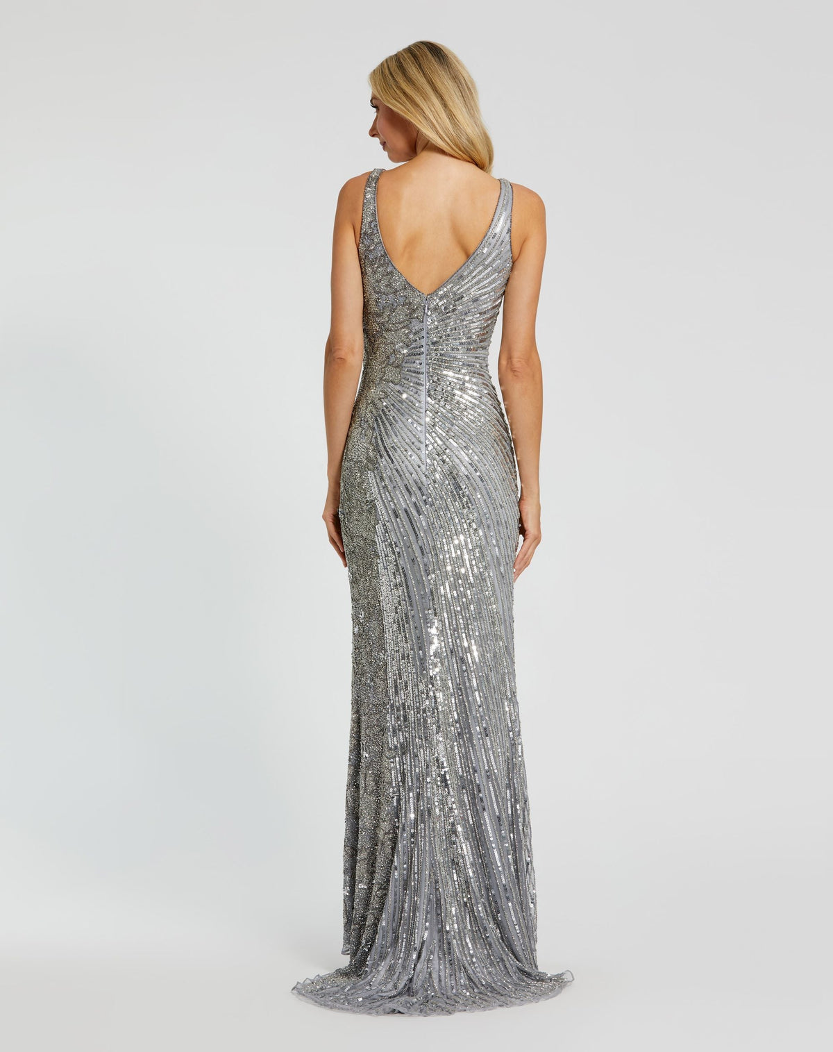Beaded sequin floral evening sleeveless gown - Silver