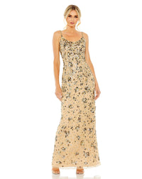 Floral embellished scoop neck evening gown - Slate grey