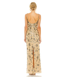 Floral embellished scoop neck evening gown - Slate grey