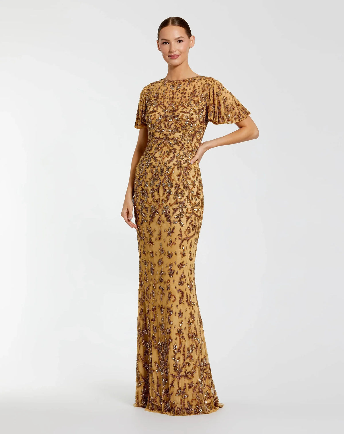 Gold Embellished High Neck Flutter Sleeve Gown Nude Gold #5491
 