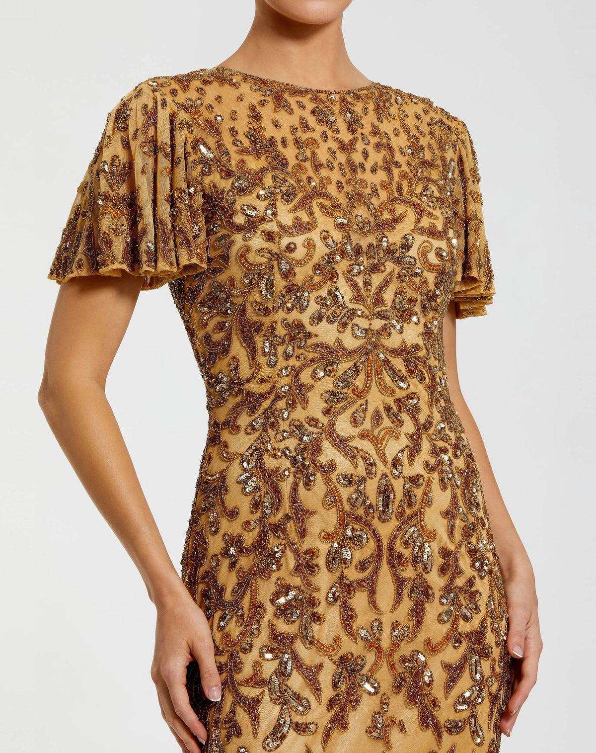 Embellished High Neck Flutter Sleeve Gown - Gold