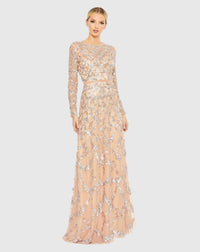 Embellished high neck long sleeve A-line modest gown - Charcoal