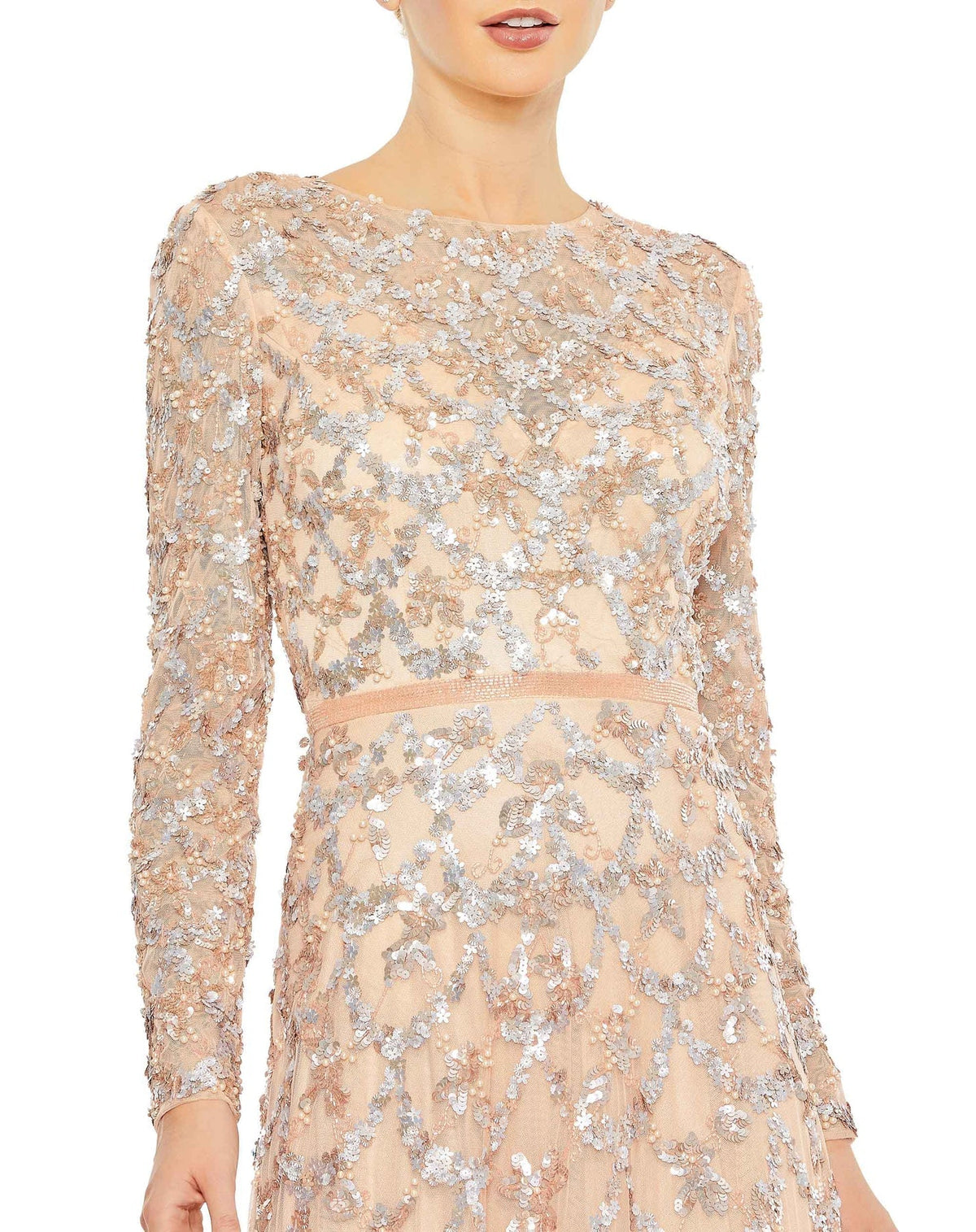 Mac Duggal Style #5496 Embellished illusion high neck long sleeve A-line gown - Blush close up