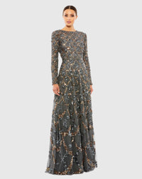 Embellished high neck long sleeve A-line modest gown - Charcoal