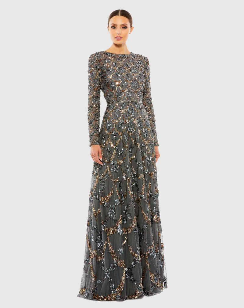 Embellished high neck long sleeve A-line modest gown - Charcoal