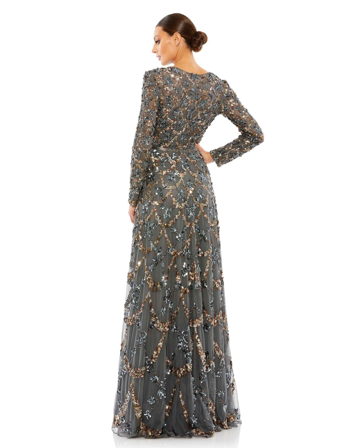 Mac Duggal Style #5496 Embellished illusion high neck long sleeve A-line gown - charcoal grey back