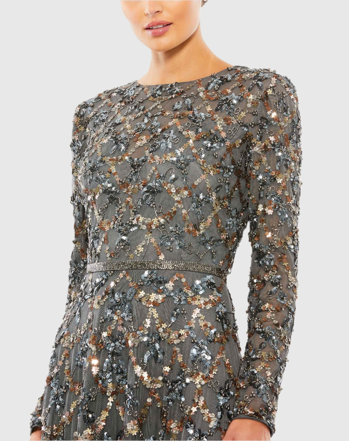 Embellished high neck long sleeve A-line modest gown - Charcoal