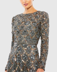 Embellished high neck long sleeve A-line modest gown - Charcoal