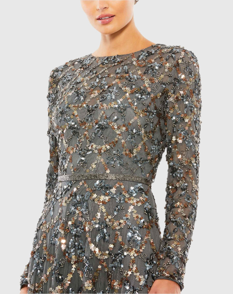 Embellished high neck long sleeve A-line modest gown - Charcoal