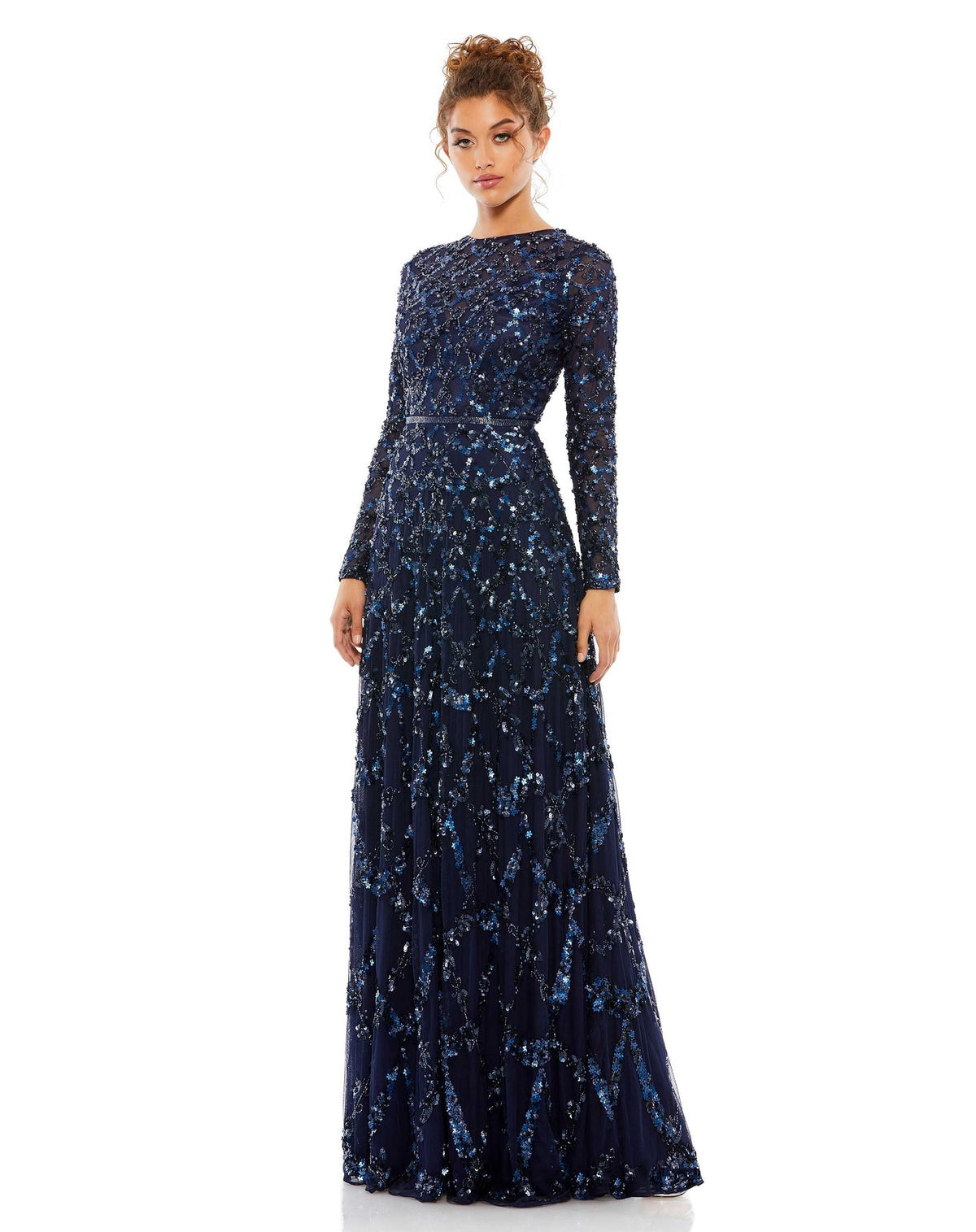 Mac Duggal Style #5496 Embellished illusion high neck long sleeve A-line gown - midnight  navy blue