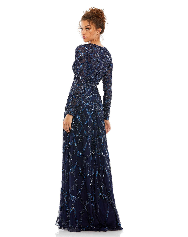 Mac Duggal Style #5496 Embellished illusion high neck long sleeve A-line gown - midnight  navy blue side view