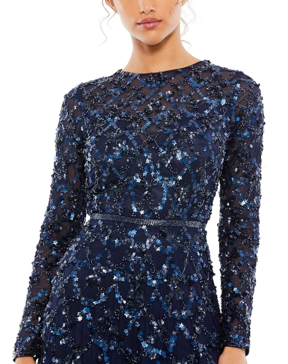 Mac Duggal Style #5496 Embellished illusion high neck long sleeve A-line gown - midnight  navy blue close up