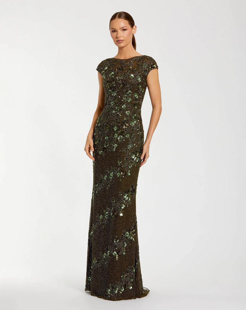 Mac Duggal #5500 Embellished Cap Sleeve Gown - Olive Green 