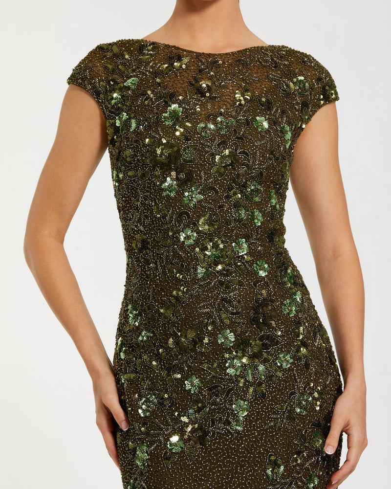 Embellished Cap Sleeve Gown - Olive