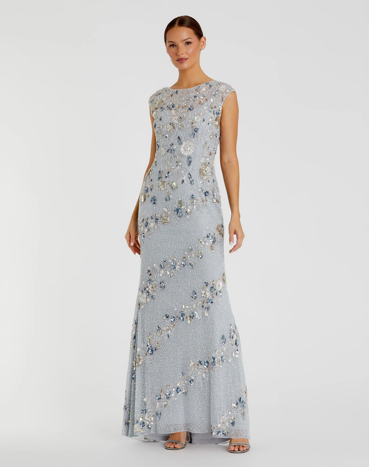 Mac Duggal #5500 Powder Blue floral embellished cap sleeve column gown