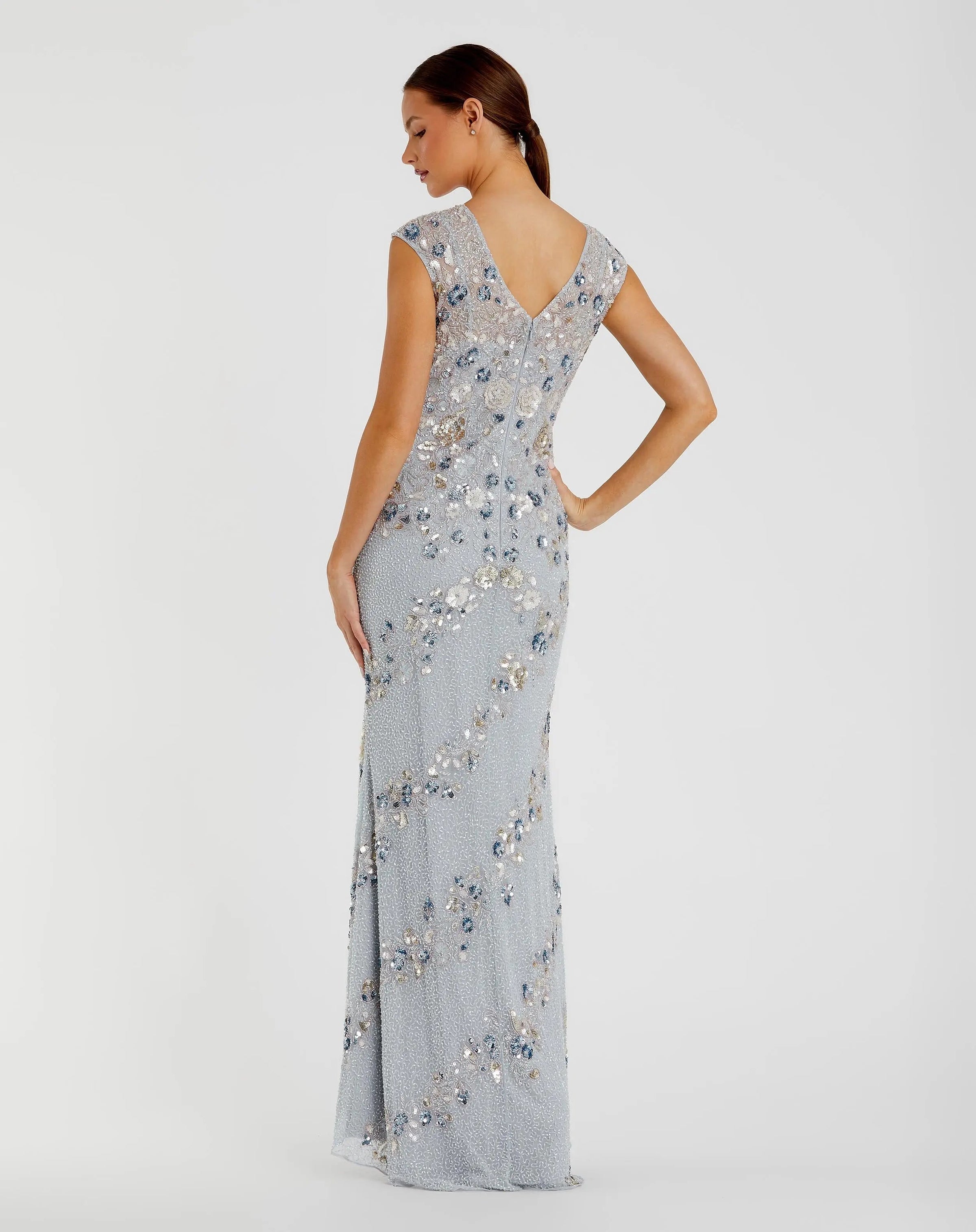 Mac Duggal #5500 Powder Blue embellished cap sleeve gown back