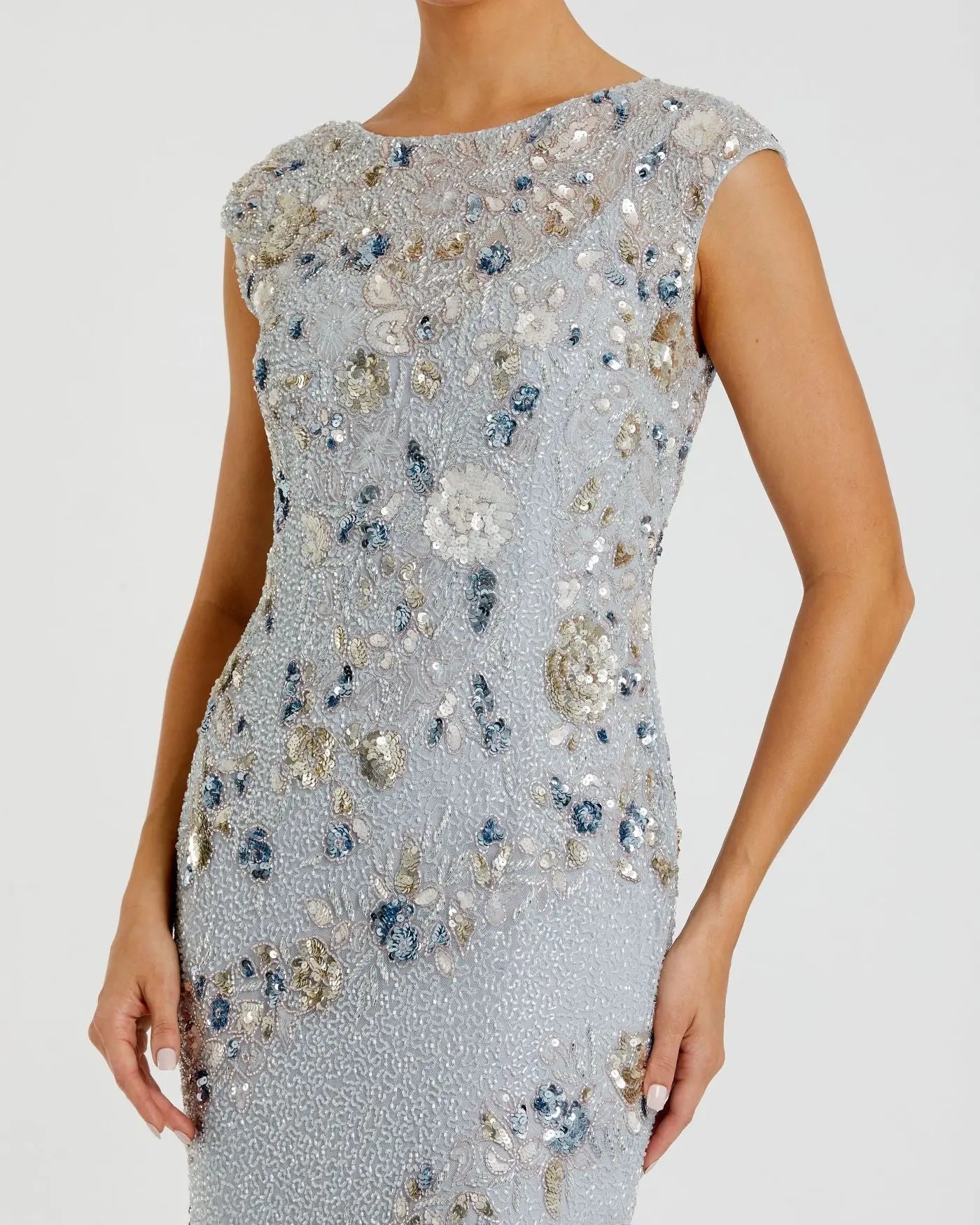Mac Duggal #5500 Powder Blue embellished cap sleeve gown detail