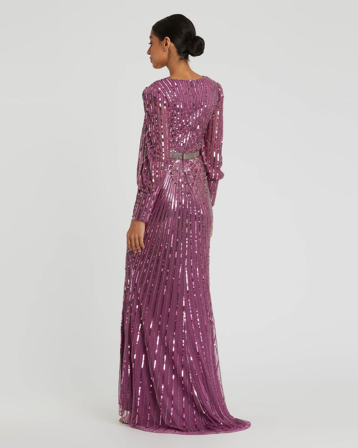 Sequin Long Sleeve Wrap Gown - Silver