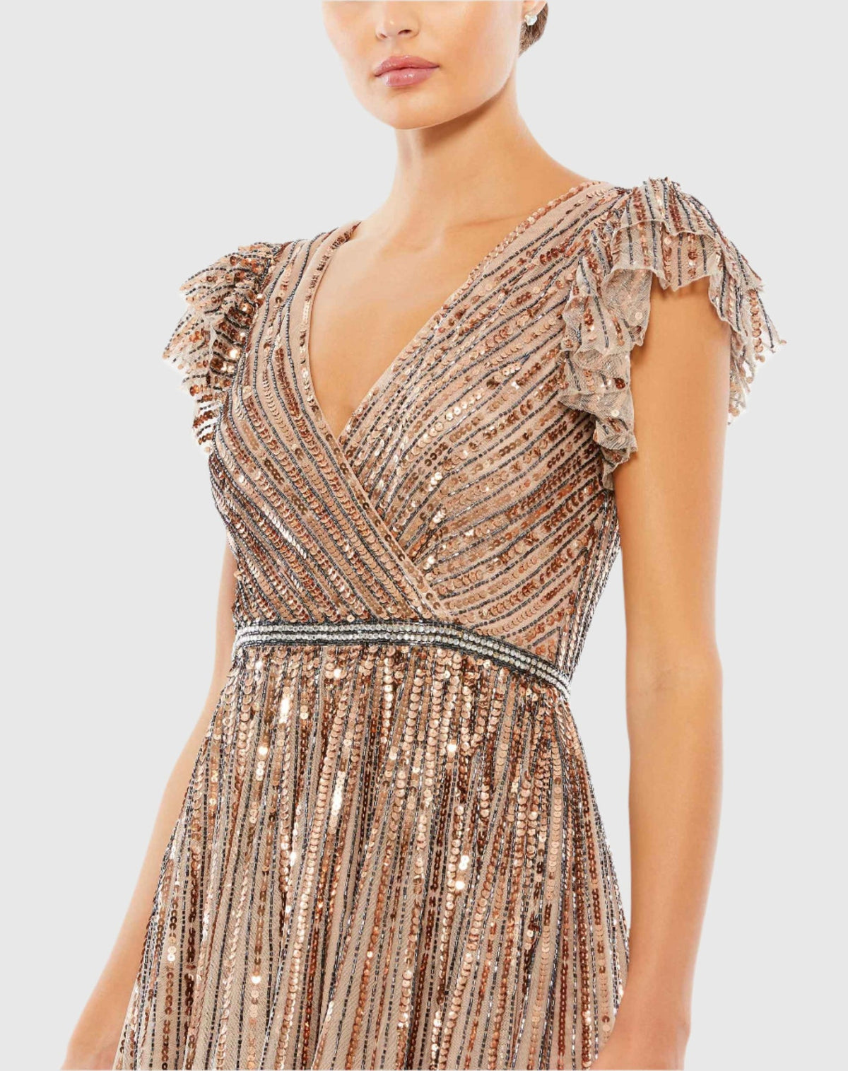 Sequin wrap over ruffle sleeve gown - Copper