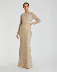 Mac Duggal #5504 Nude Silver floral beaded illusion long sleeve gown