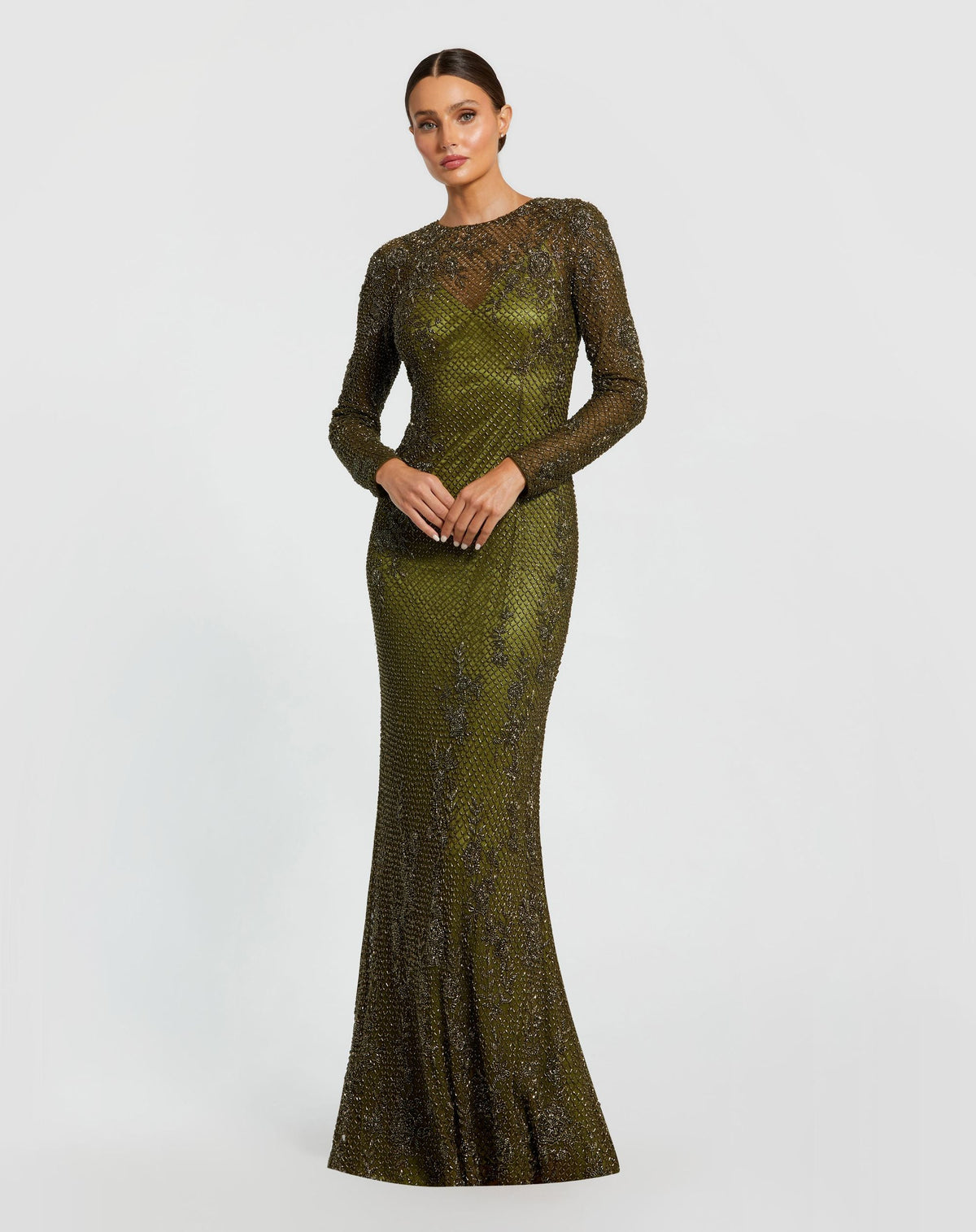Mac Duggal #5504 olive high neck long sleeve beaded column gown
