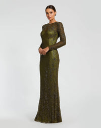 Mac Duggal #5504 olive high neck long sleeve beaded column gown close-up