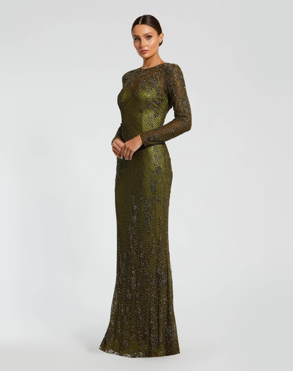 Mac Duggal #5504 olive high neck long sleeve beaded column gown close-up