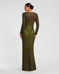 Mac Duggal #5504 olive high neck long sleeve beaded column gown back view