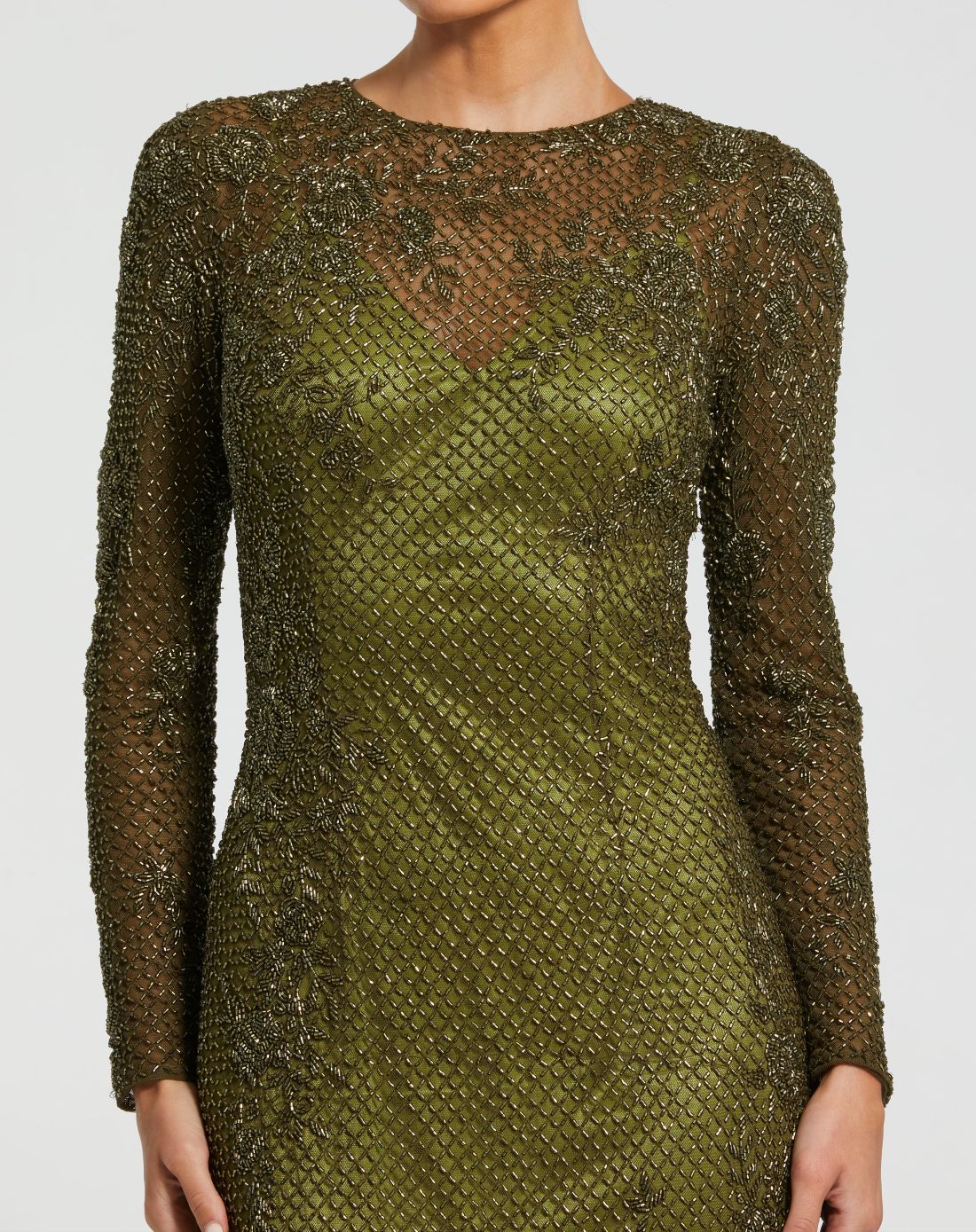 Mac Duggal #5504 olive high neck long sleeve beaded column gown close-up