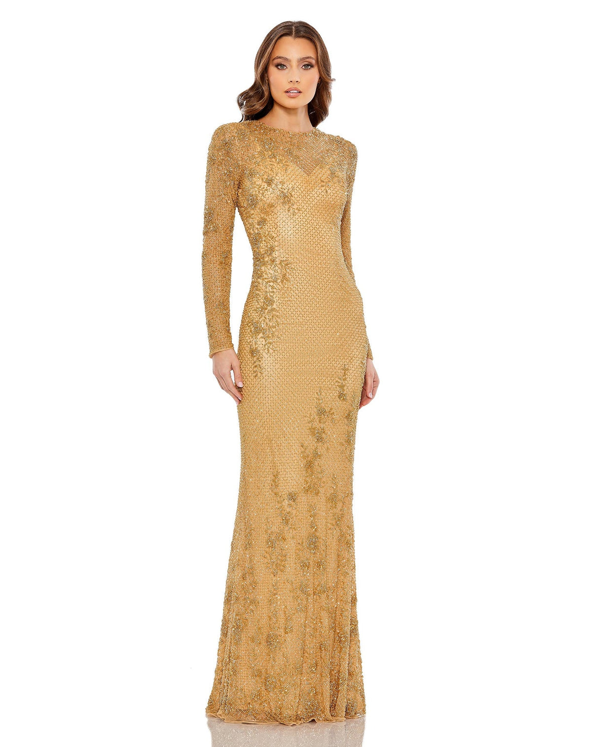 Long sleeve mesh embellished gown - Gold