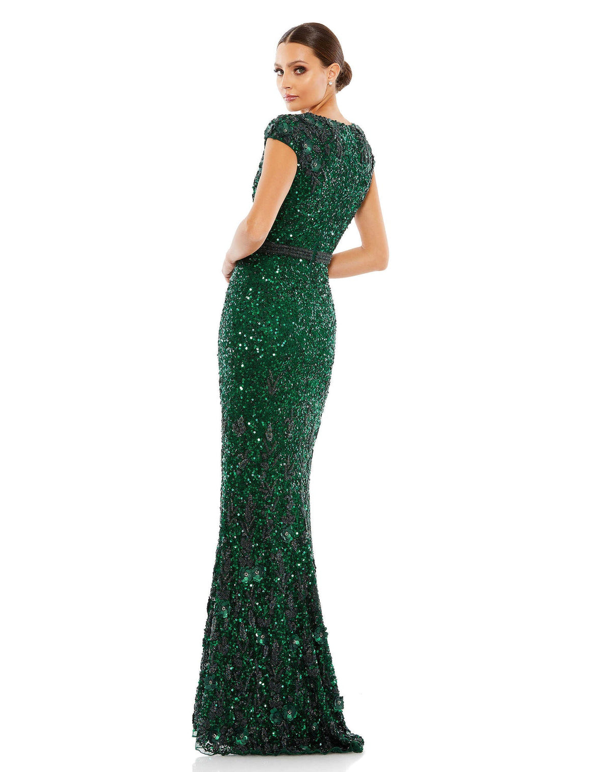 Mac Duggal Style #5055 Embellished V-Neck cap sleeve sequin gown - Green front view back view