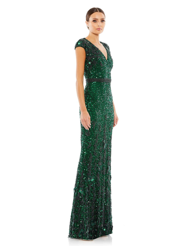 Mac Duggal Style #5055 Embellished V-Neck cap sleeve sequin gown - Green front view side view