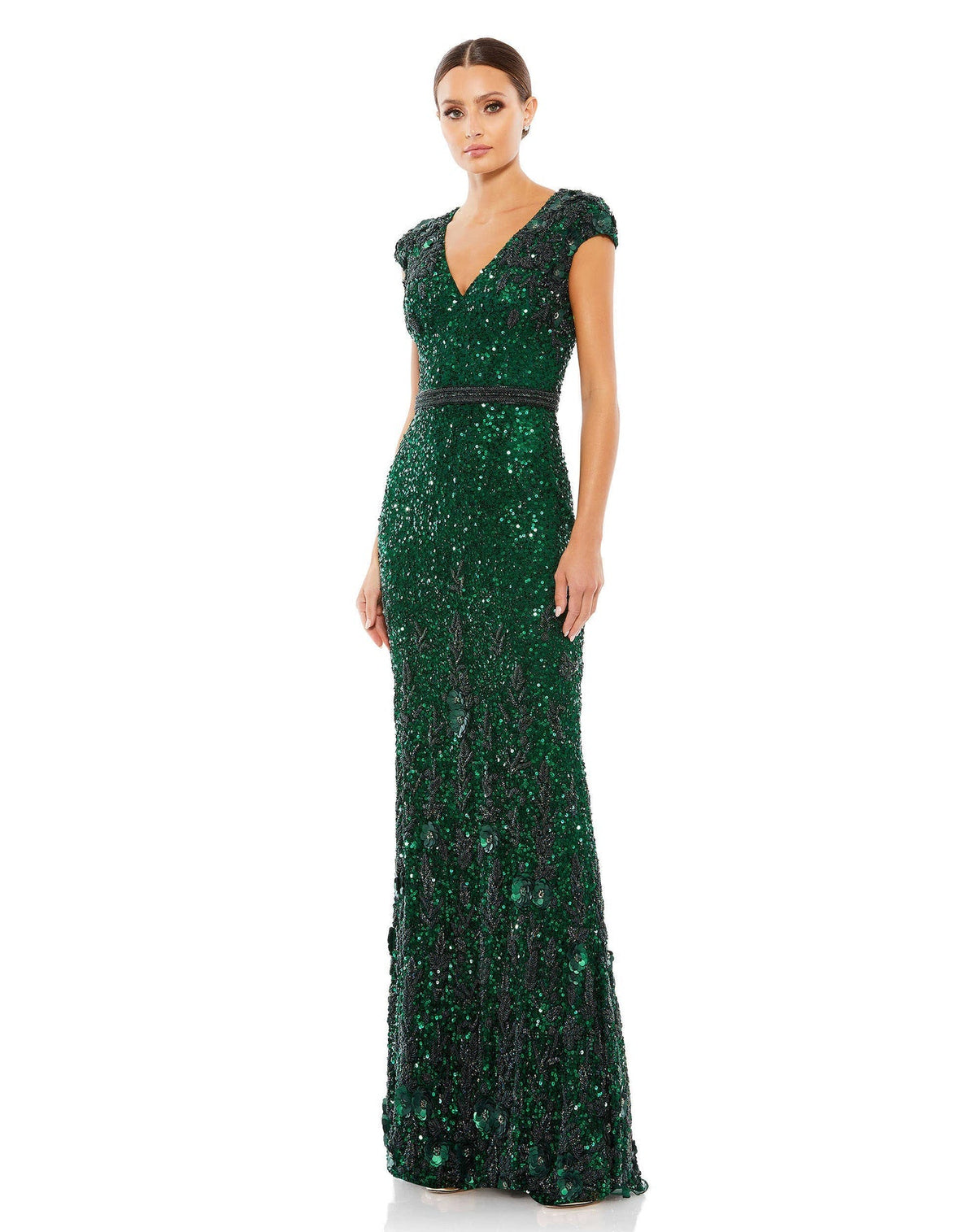 Mac Duggal Style #5055 Embellished V-Neck cap sleeve sequin gown - Green front view